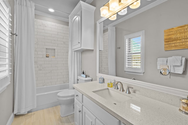 1809 Summit Ct, Keller, TX 76262 - bathroom featuring toilet, vanity, crown molding, shower / bath combination with curtain, and wood finished floors