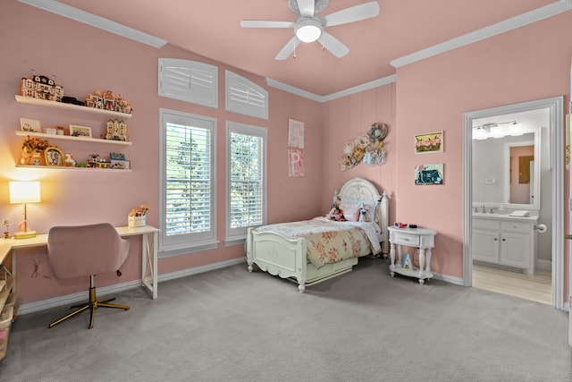 1809 Summit Ct, Keller, TX 76262 - bedroom featuring ornamental molding, light colored carpet, a desk, connected bathroom, and baseboards