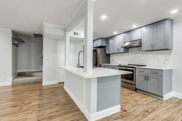 2638 Custer Pkwy Unit B, Richardson, TX 75080 - kitchen with stainless steel appliances, under cabinet range hood, gray cabinetry, ornamental molding, and backsplash