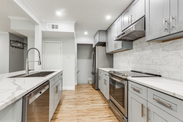 2638 Custer Pkwy Unit B, Richardson, TX 75080 - kitchen with appliances with stainless steel finishes, under cabinet range hood, a sink, light wood-style floors, and tasteful backsplash