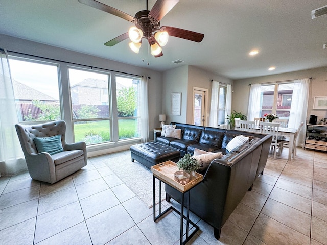 4237 Old Timber Ln, Fort Worth, TX 76036 - living area featuring light tile patterned flooring, ceiling fan, and recessed lighting