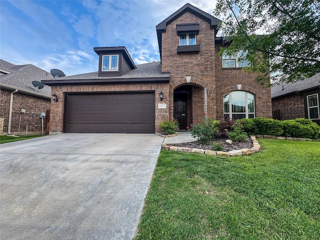 4237 Old Timber Ln, Fort Worth, TX 76036 - view of front facade featuring brick siding, a front yard, a garage, driveway, and a shingled roof