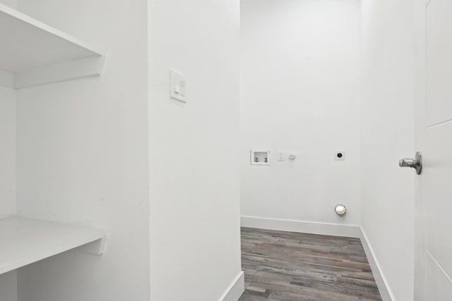 3613 Durango Trl, Granbury, TX 76048 - laundry area with hookup for an electric dryer, wood finished floors, hookup for a washing machine, baseboards, and hookup for a gas dryer