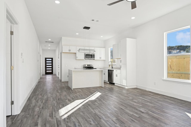 3613 Durango Trl, Granbury, TX 76048 - kitchen with stainless steel appliances, wood finished floors, recessed lighting, white cabinets, and a kitchen island