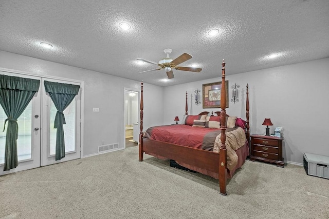 6939 Calender Rd, Arlington, TX 76001 - carpeted bedroom with a textured ceiling, access to exterior, baseboards, connected bathroom, and a ceiling fan