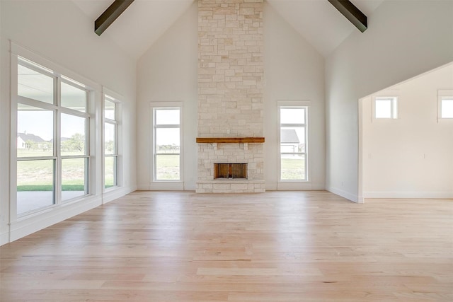 138 Buddy Ct, Millsap, TX 76066 - unfurnished living room featuring high vaulted ceiling, light wood-type flooring, plenty of natural light, beamed ceiling, and a fireplace