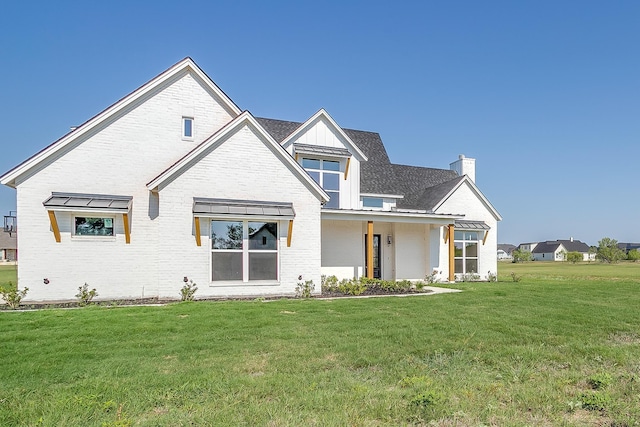 138 Buddy Ct, Millsap, TX 76066 - modern inspired farmhouse with a front lawn, a chimney, board and batten siding, and brick siding