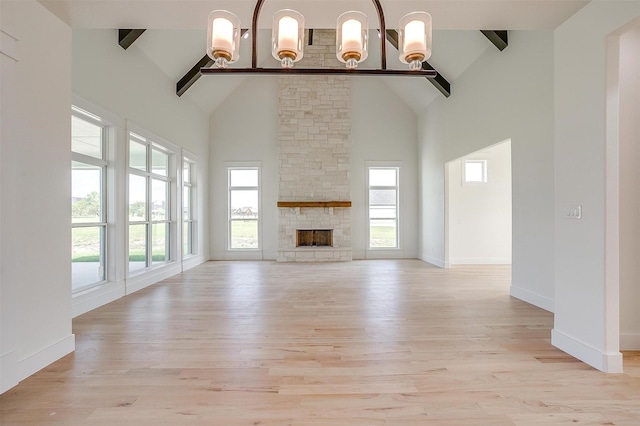 138 Buddy Ct, Millsap, TX 76066 - unfurnished living room featuring beam ceiling, high vaulted ceiling, a chandelier, plenty of natural light, and light wood-style floors