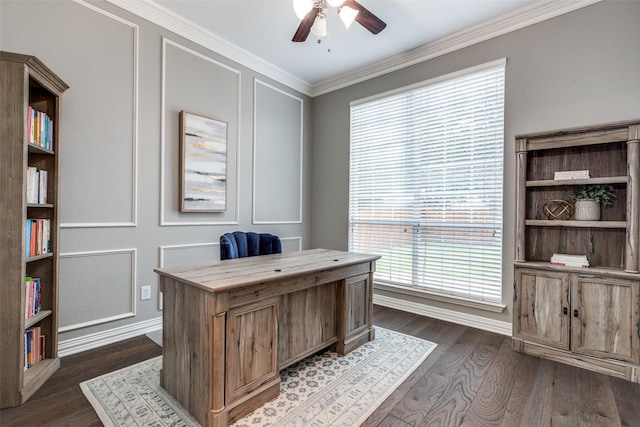 5060 Loma Alta Dr, Frisco, TX 75034 - office space featuring a ceiling fan, dark wood finished floors, ornamental molding, and baseboards