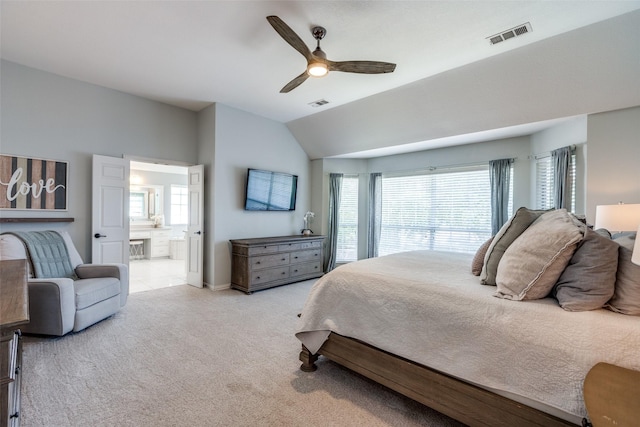 5060 Loma Alta Dr, Frisco, TX 75034 - bedroom with lofted ceiling, carpet floors, ensuite bath, ceiling fan, and baseboards