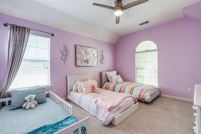5060 Loma Alta Dr, Frisco, TX 75034 - bedroom with lofted ceiling, multiple windows, carpet, a ceiling fan, and baseboards