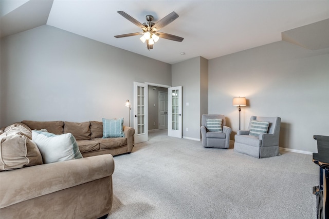 5060 Loma Alta Dr, Frisco, TX 75034 - carpeted living area featuring french doors, ceiling fan, baseboards, and lofted ceiling