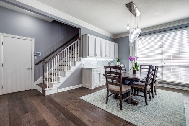 5060 Loma Alta Dr, Frisco, TX 75034 - dining space with crown molding, stairway, and dark wood-type flooring