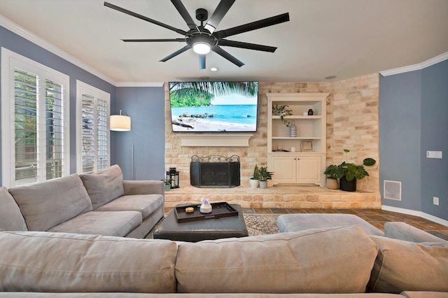 1123 Shadetree Ln, Allen, TX 75013 - living area featuring a ceiling fan, baseboards, crown molding, built in features, and a large fireplace