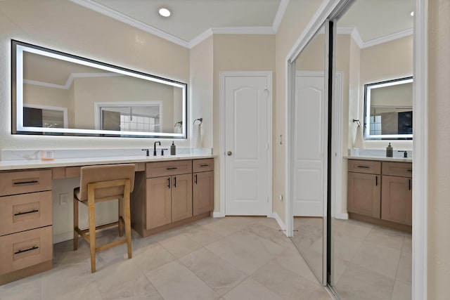 1123 Shadetree Ln, Allen, TX 75013 - full bathroom with crown molding, two vanities, and tile patterned flooring