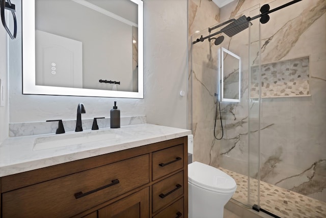 1123 Shadetree Ln, Allen, TX 75013 - bathroom featuring vanity, a marble finish shower, and toilet