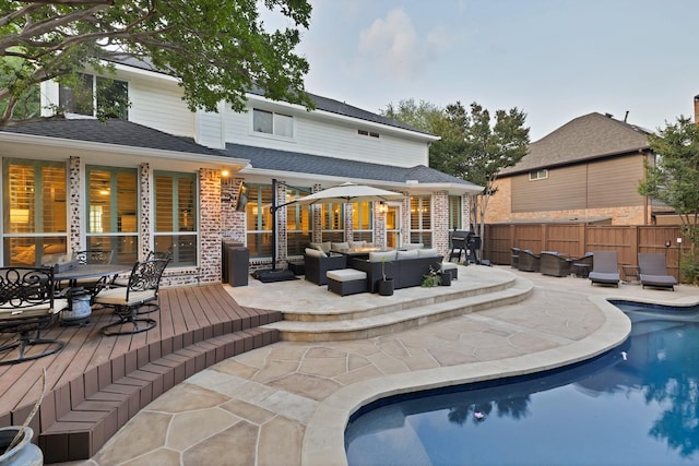 1123 Shadetree Ln, Allen, TX 75013 - view of swimming pool with an outdoor living space, outdoor dining area, a wooden deck, and a patio area