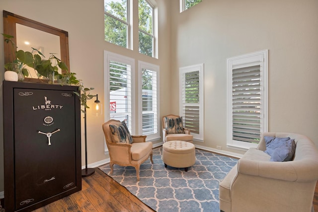 1123 Shadetree Ln, Allen, TX 75013 - living area featuring dark wood finished floors, a high ceiling, and baseboards