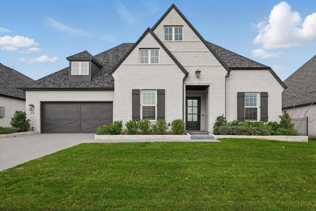 330 Peach Point Rd, Prosper, TX 75078 - french country home featuring a front lawn, driveway, brick siding, a garage, and a shingled roof