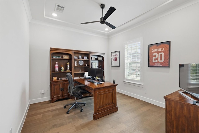 330 Peach Point Rd, Prosper, TX 75078 - office featuring ceiling fan, crown molding, light wood-style flooring, baseboards, and recessed lighting