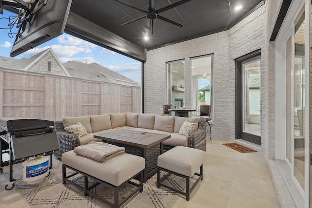 330 Peach Point Rd, Prosper, TX 75078 - view of patio / terrace with an outdoor living space, fence, a ceiling fan, and a grill