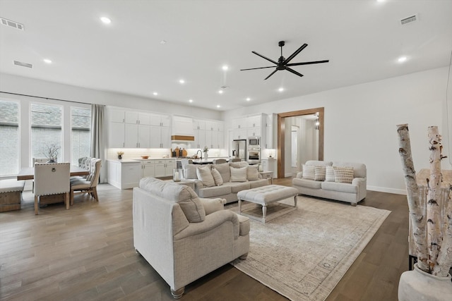 330 Peach Point Rd, Prosper, TX 75078 - living area featuring a ceiling fan, dark wood finished floors, recessed lighting, and baseboards