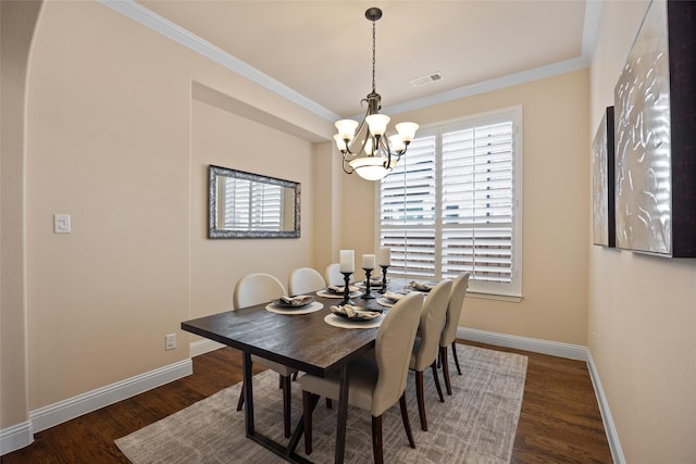 864 Gaited Trl, Frisco, TX 75036 - dining space with a chandelier, baseboards, wood finished floors, and ornamental molding