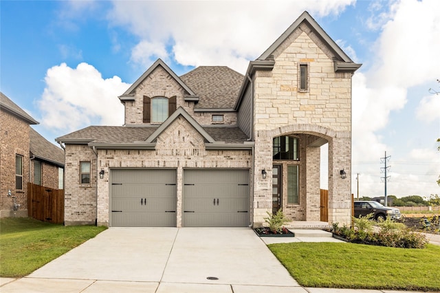 4342 Hudson St, Fate, TX 75087 - french country home with a shingled roof, driveway, brick siding, a garage, and stone siding
