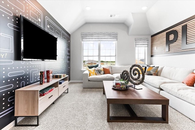 4342 Hudson St, Fate, TX 75087 - living area featuring light colored carpet and lofted ceiling
