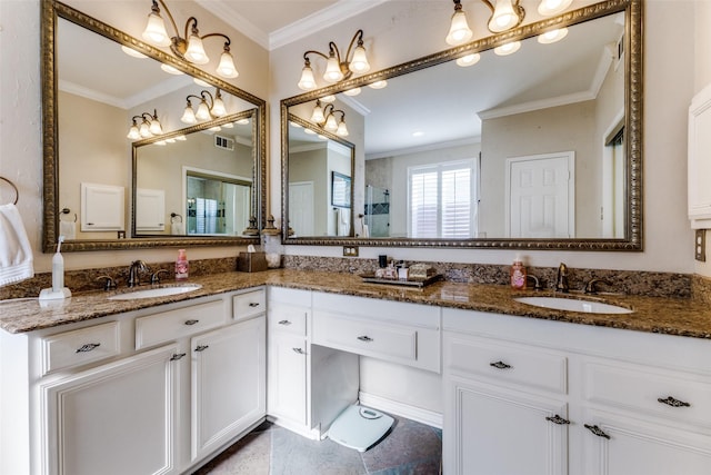 2420 Norwich Dr, Carrollton, TX 75006 - bathroom with crown molding, double vanity, a shower, and tile patterned flooring