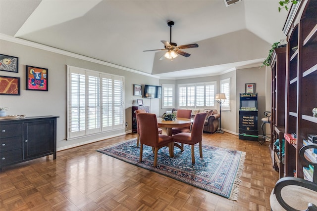 2420 Norwich Dr, Carrollton, TX 75006 - dining room with a ceiling fan, vaulted ceiling, baseboards, and ornamental molding