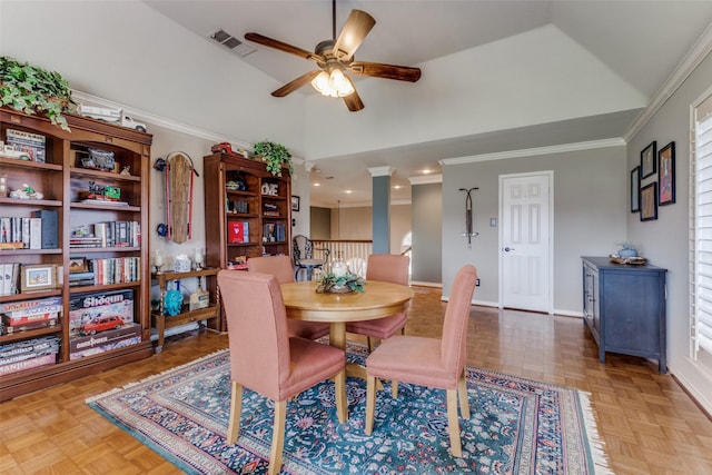 2420 Norwich Dr, Carrollton, TX 75006 - dining room with ceiling fan, ornamental molding, decorative columns, baseboards, and high vaulted ceiling