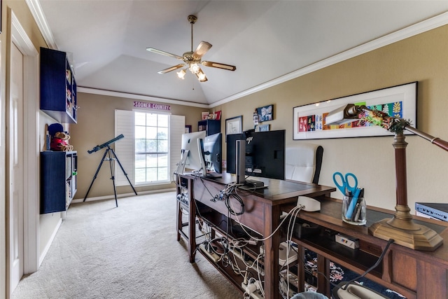 2420 Norwich Dr, Carrollton, TX 75006 - home office featuring a ceiling fan, light colored carpet, ornamental molding, and baseboards