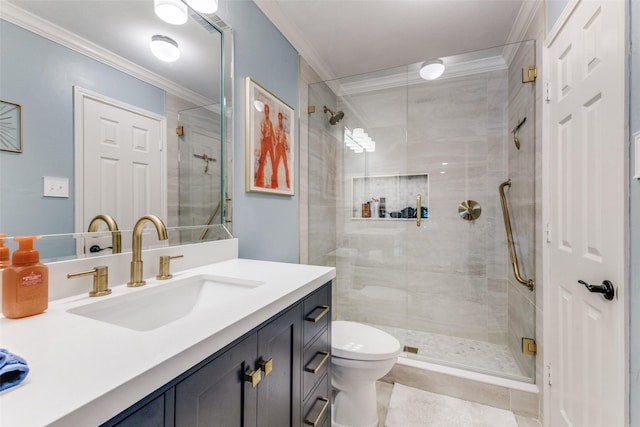 2420 Norwich Dr, Carrollton, TX 75006 - bathroom with a stall shower, ornamental molding, toilet, vanity, and tile patterned floors