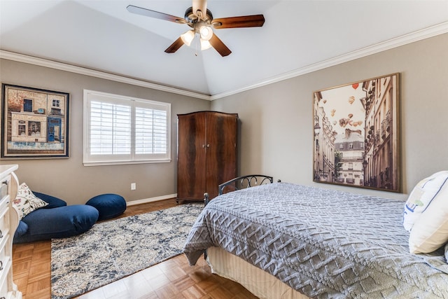 2420 Norwich Dr, Carrollton, TX 75006 - bedroom featuring ornamental molding, baseboards, ceiling fan, and lofted ceiling