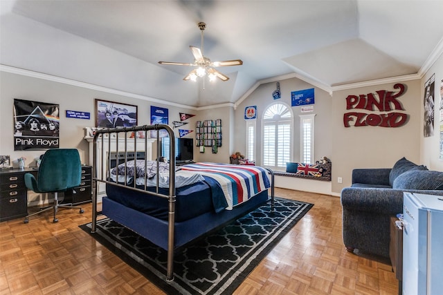 2420 Norwich Dr, Carrollton, TX 75006 - bedroom featuring vaulted ceiling, a desk, ornamental molding, a ceiling fan, and baseboards