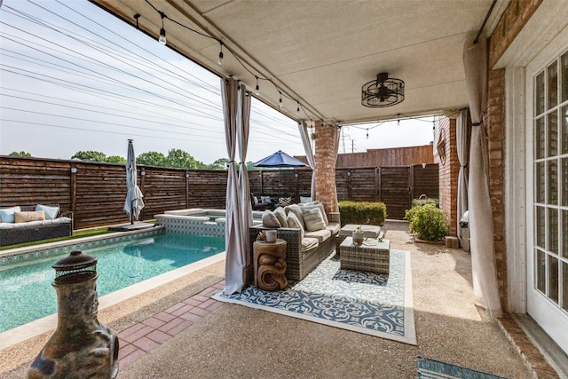 2420 Norwich Dr, Carrollton, TX 75006 - view of patio / terrace with an outdoor hangout area, a fenced backyard, and a pool with connected hot tub