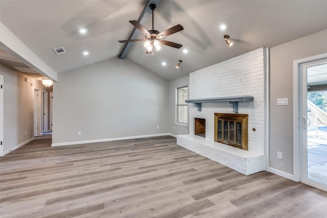 7013 Post Oak Dr, North Richland Hills, TX 76182 - unfurnished living room featuring a ceiling fan, a fireplace, wood finished floors, and recessed lighting