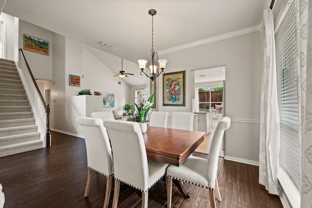 521 Austin Oaks Dr, Grapevine, TX 76051 - dining area featuring a chandelier, stairway, wood finished floors, baseboards, and ornamental molding
