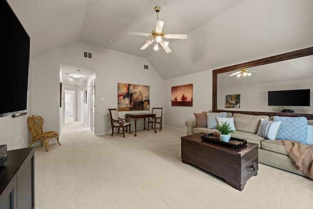 521 Austin Oaks Dr, Grapevine, TX 76051 - living room with a ceiling fan, vaulted ceiling, light colored carpet, and baseboards