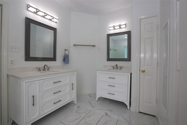 1104 Ruby St, Plano, TX 75094 - full bathroom featuring marble finish floors, two vanities, and baseboards