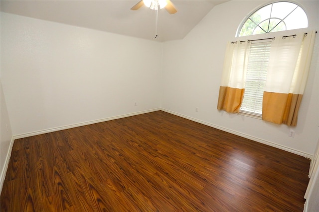 1104 Ruby St, Plano, TX 75094 - unfurnished room with a ceiling fan, dark wood finished floors, lofted ceiling, and baseboards