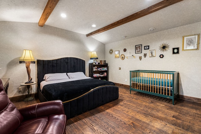 bedroom with wood finished floors, baseboards, a textured wall, a textured ceiling, and recessed lighting