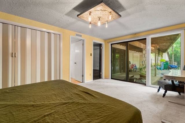 bedroom featuring access to outside, carpet floors, a textured ceiling, and two closets