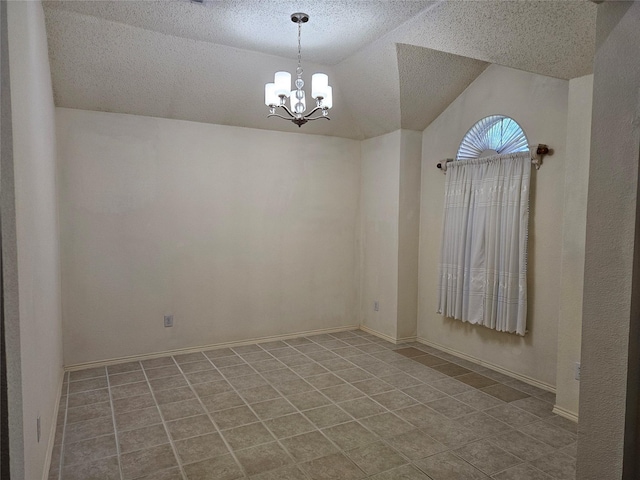 3406 Lake Highlands Dr, Rowlett, TX 75088 - spare room featuring a chandelier, vaulted ceiling, a textured ceiling, and tile patterned floors