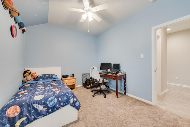 6128 Blacksmith Ave, Fort Worth, TX 76179 - bedroom with an office area, carpet, vaulted ceiling, and a ceiling fan