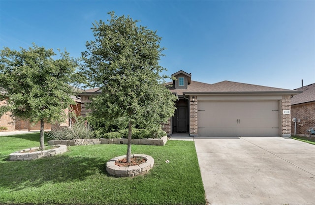 6128 Blacksmith Ave, Fort Worth, TX 76179 - obstructed view of property with brick siding, a garage, concrete driveway, a front lawn, and roof with shingles