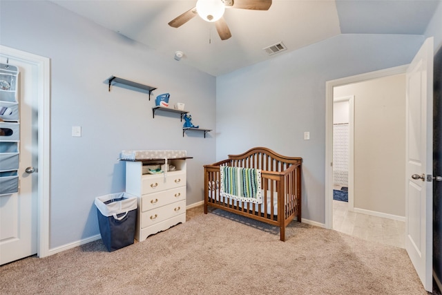 6128 Blacksmith Ave, Fort Worth, TX 76179 - bedroom with carpet floors, a nursery area, a ceiling fan, and lofted ceiling