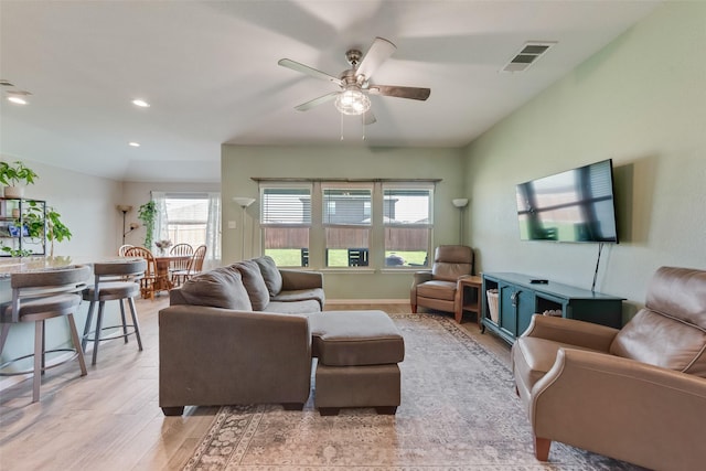 6128 Blacksmith Ave, Fort Worth, TX 76179 - living area featuring light wood-style floors, plenty of natural light, a ceiling fan, and recessed lighting