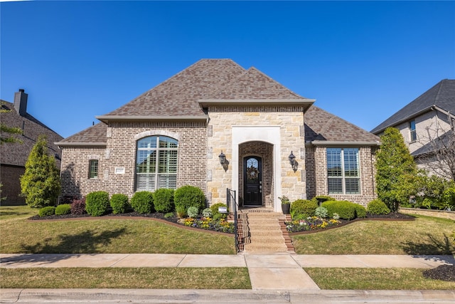 4207 Pearl Crescent Ln, Arlington, TX 76005 - french provincial home featuring a front yard, brick siding, and a shingled roof